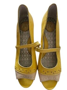 Fly London Yellow and Cream Mary Jane Peep-Toe Heels